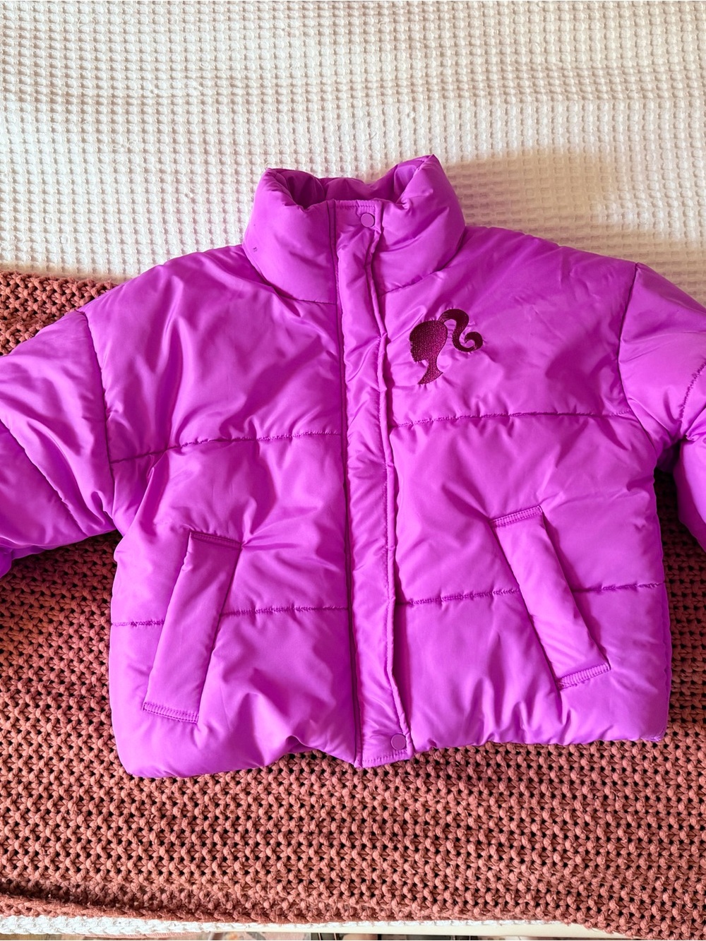 Barbie Women’s Pink Puffer Jacket Small Y2K Embroidered